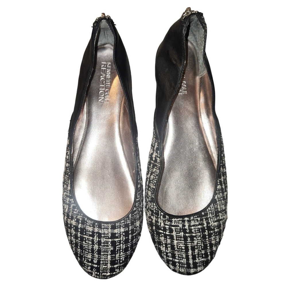 Kenneth Cole Reaction Women 8M Tweed Ballet Flats Black White Zip Slip On Shoes